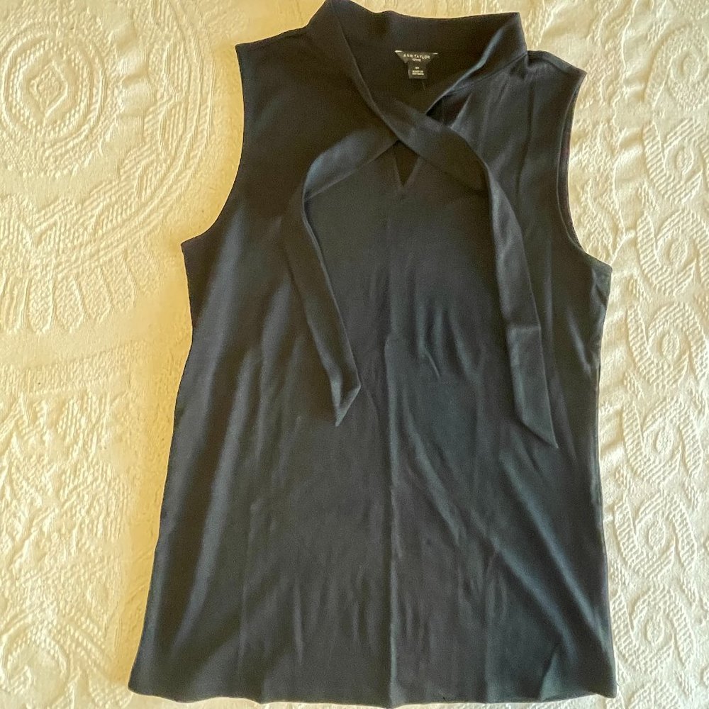 NWT! Ann Taylor Petite Tie Mock Neck Shell, black, PS